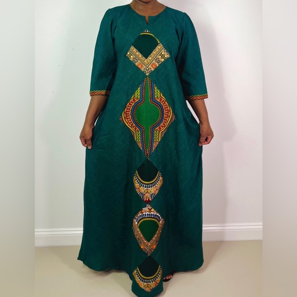 Forest Green Dashiki Print Detail Maxi Notch Neck Dress - Picture 6 of 7